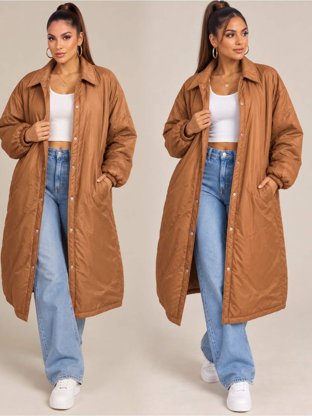Quilted Longline Puffer Coat - Brown